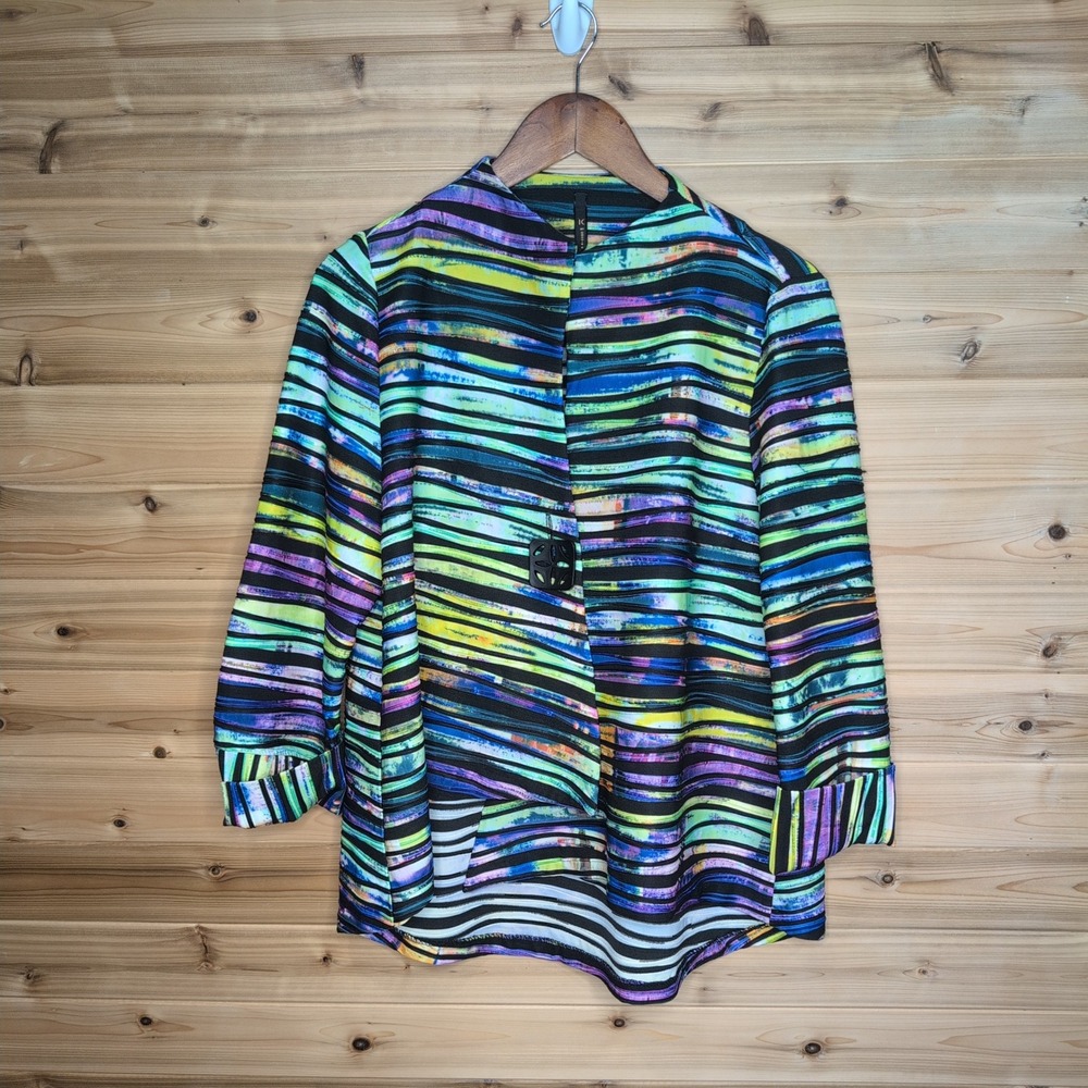 IC by Connie K Womens Large Abstract Stripe Textured Jacket Multi Color Art Wear